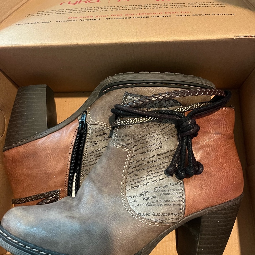 Rieker Brown and Gray Heeled Boots with Newspaper design